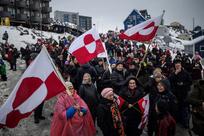 People attend a protest against U.S. President Donald Trump�s demand that the Arctic island be ceded to the U.S., calling for it to be allowed to determine its own future, in front of the U.S. consulate in Nuuk, Greenland, January 17.