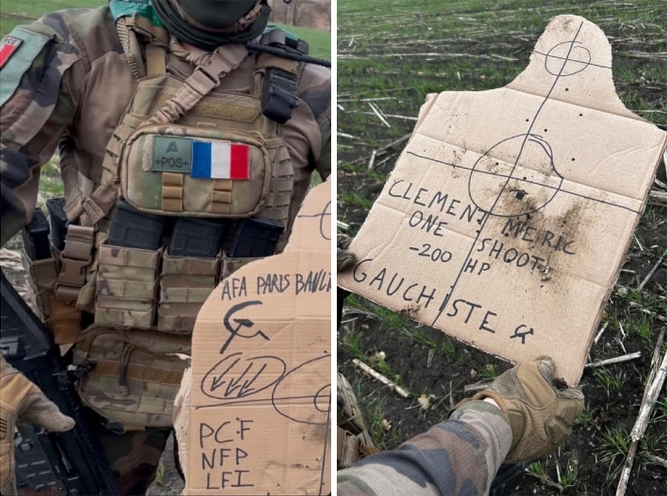 Французский неонацист «Рок» тренировался в стрельбе по мишени с нанесёнными аббревиатурами Французской коммунистической партии, Нового народного фронта и движения «Непокоренная Франция».