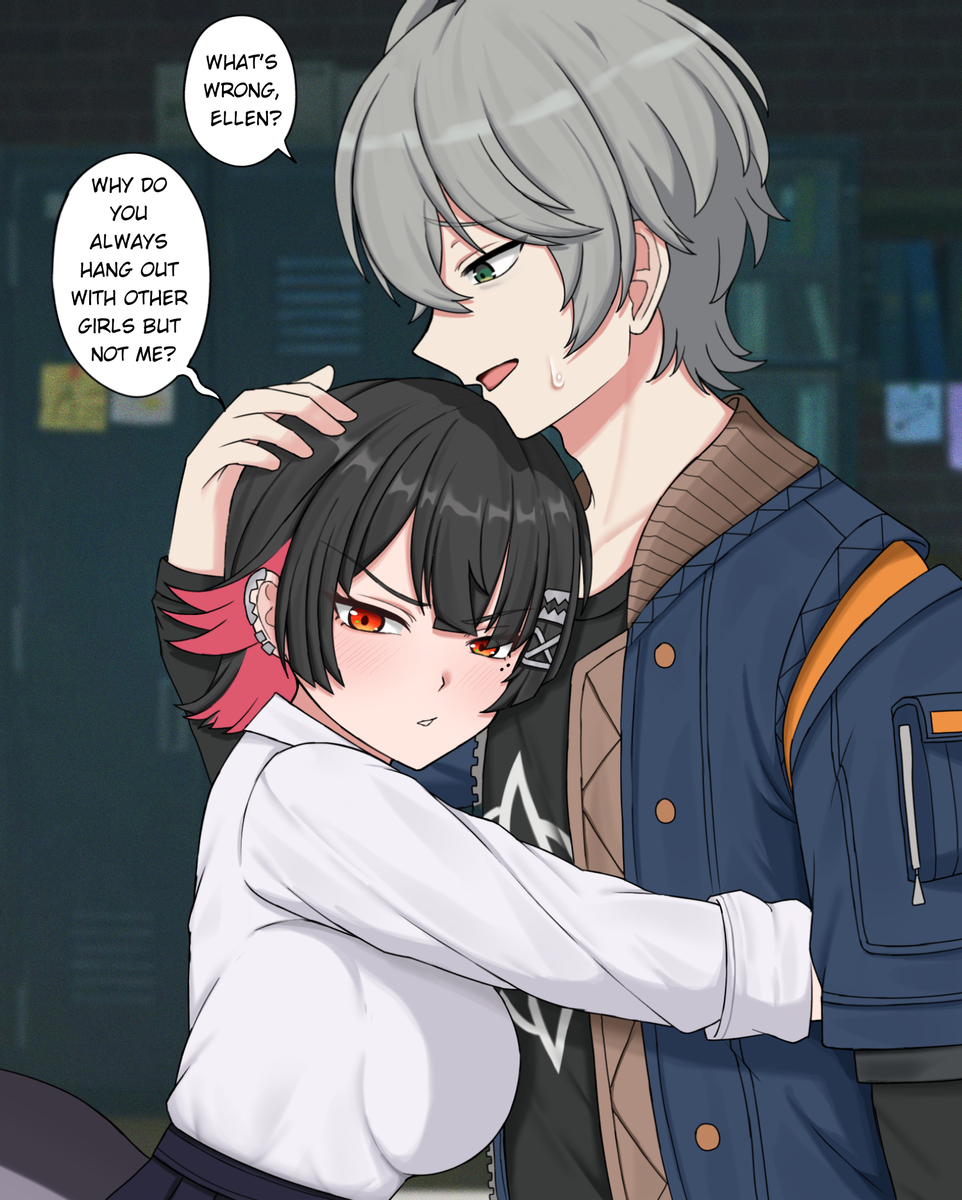 Shark girl need somes love... - Anime, Anime art, Ellen Joe (zzz), Wise (zzz), Zenless Zone Zero, Hugs