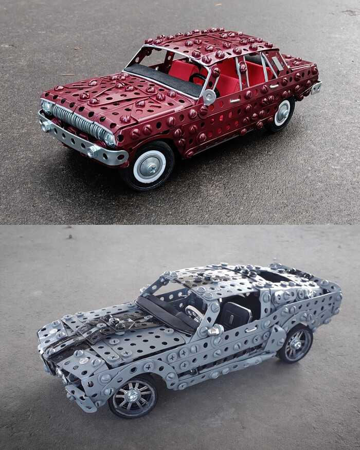 ГАЗ-24, Ford Mustang из металлического конструктора, проволоки, резины и картона