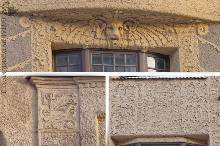 Львиный маскарон и ботанические мотивы на фасаде дома.