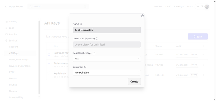 ������� �� ���� <!--noindex--><a href="https://pikabu.ru/story/kak_za_odin_zapros_sobrat_iiservis_numerolog_na_kolenke_13745830?u=https%3A%2F%2Fopenrouter.ai&t=https%3A%2F%2Fopenrouter.ai&h=4f5bfcc505f56333b44633954cea4bf355900e84" title="https://openrouter.ai" target="_blank" rel="nofollow noopener">https://openrouter.ai</a><!--/noindex-->, ������������ ��� ����� ������ ����, �������� � ������ ������� ���� - ���������, � ����� ������� �������� ������� API Keys - ����������� �������� �����, ��� �� ��������� ����.