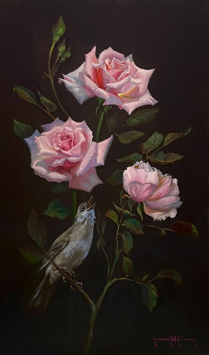 Картина "Соловей и роза". Художник: Акимова Маргарита. Холст, масло. Размер: 50х30 см. 2025г.