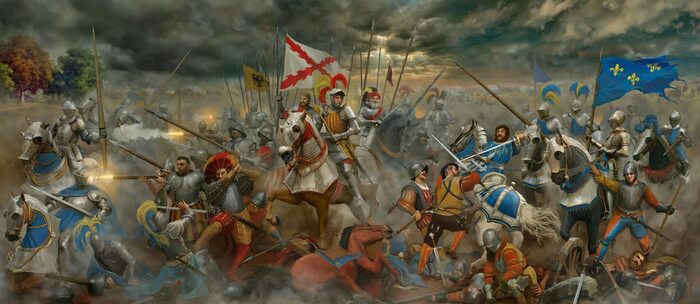 Однако, прикольная картинка: в сражении при Павии 1525 года французы сражаются против испанцев и австрийцев под флагом Евросоюза и с удивительно знакомой желто-голубой символикой; чего уж тогда удивляться, что они битву продули?