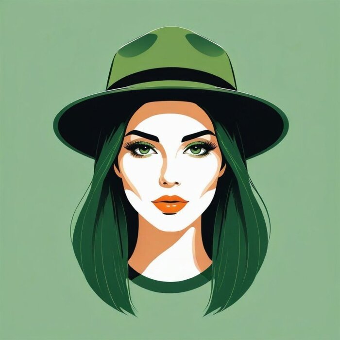 Minimal vector portrait of a girl, vector style, hat deep mossy green