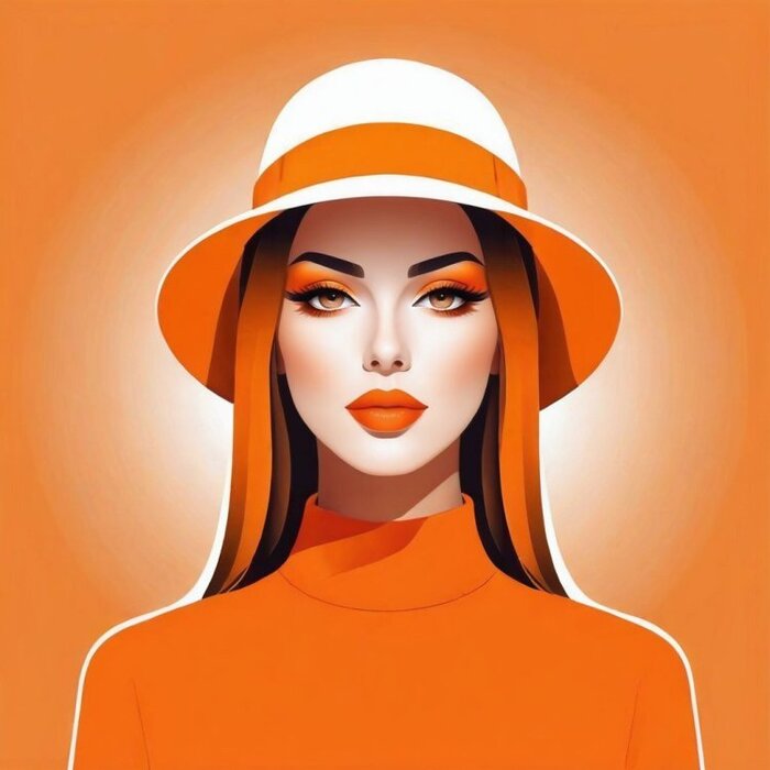 Vector illustration of a young woman, minimalist design, vector graphics, wearing a bright orange hat