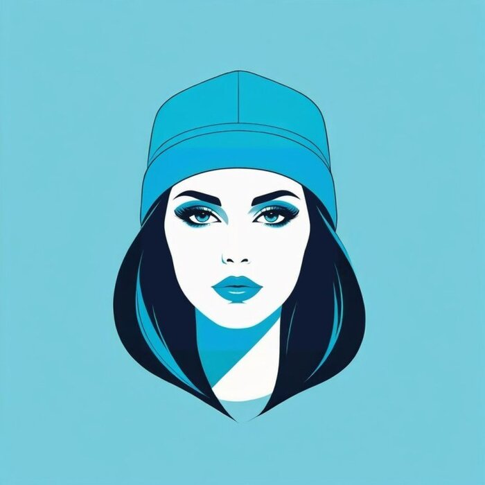 Vector portrait of a girl, minimalist style, vector drawing, hat in azure color