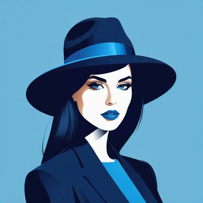 Minimalistic vector female portrait, vector art style, sapphire-colored hat