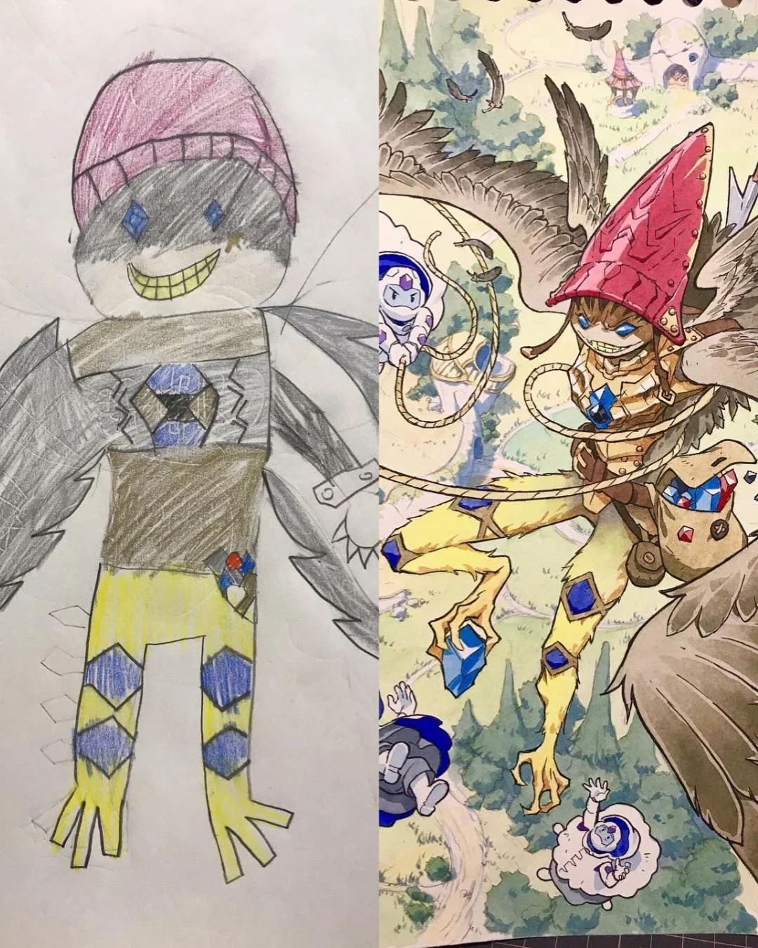 Animator Thomas Romain transforms his son's drawings into epic anime-style characters. - Anime, Style, Painting, Children, Father, Parents and children, Drawing, Amendments, Changes, Artist, Longpost