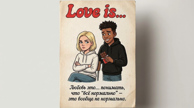 Как сделать открытку Love Is со своим фото: промты для ИИ фото с парнем или девушкой - Моё, Контент нейросетей, Промты для нейросетей, Тренд, Любовь, Love is, Фотосессия, Генерация изображений, Длиннопост