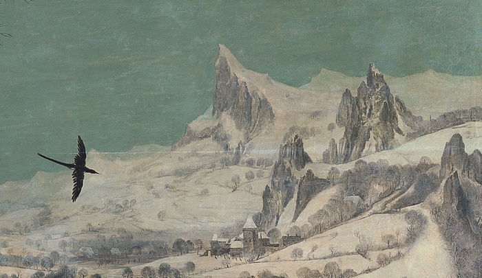 Замок у подножия гор. Фрагмент картины Питера Брейгеля Старшего «Охотники на снегу», 1565