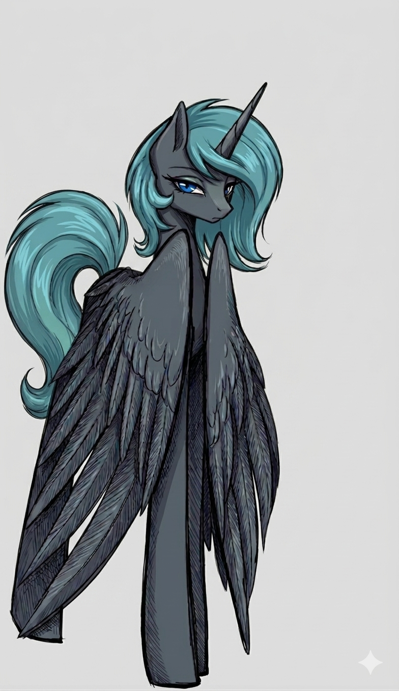Don't look in mirrors, they're your evil doppelgangers. At least, that's what the oversized hornwing thinks. - Original character, Neural network art, Princess Platinum, Alicorn, My little pony, Fallout: Equestria, Longpost