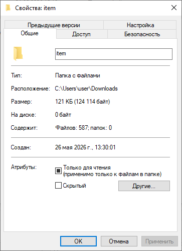 Папка содержит 587 файлов, общий размер папки 121 КБ, при этом папка занимает 0 байт на диске