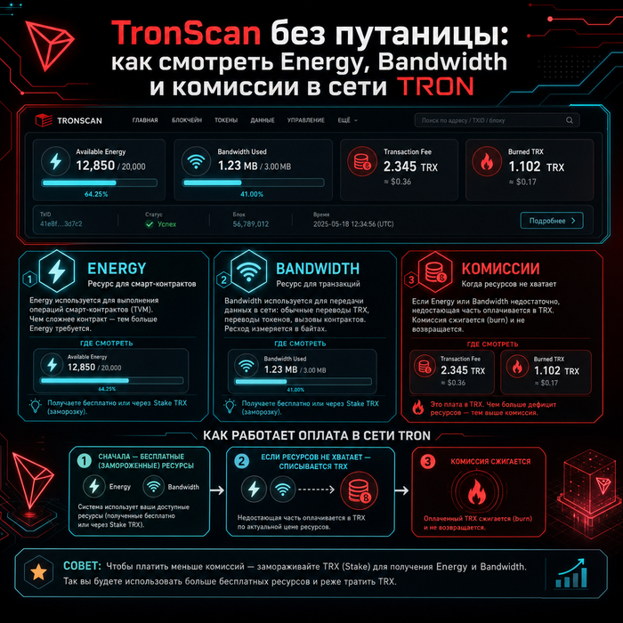 TronScan без путаницы: как смотреть Energy, Bandwidth и комиссии в сети TRON