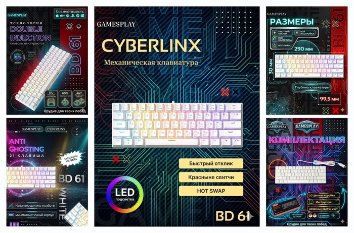 Механическая клавиатура CYBERLYNX BD61, механическая, RGB подсветка, компактная, русская раскладка