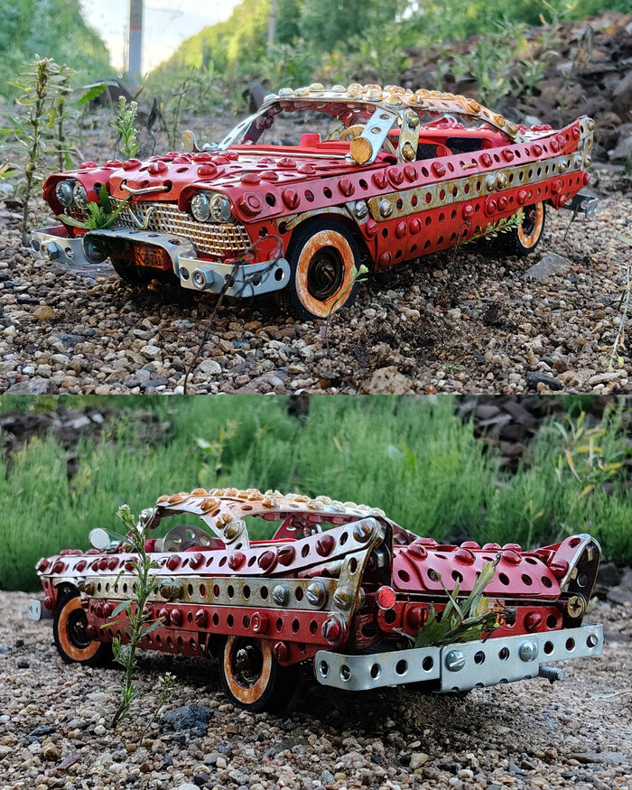 Ржавый Plymouth Fury из металлического конструктора, проволоки, резины и картона