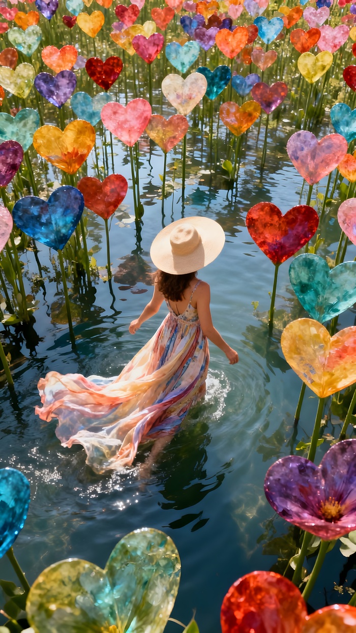 AI Art: Seedream — женщина в поле цветов-сердец