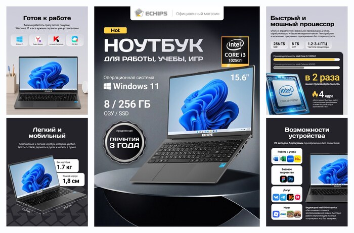 ������� ECHIPS Hot 15.6″, 8�� 256��, Core i3-1025, ��� ������ � ����� � windows