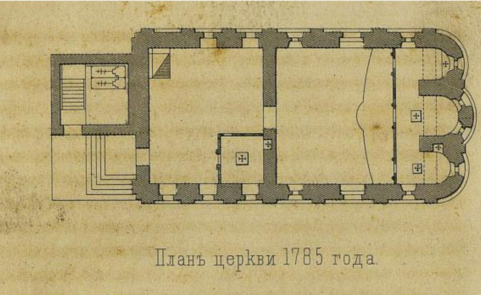 План взят из «Русских достопамятностей». Видно захоронение в каменной колокольне