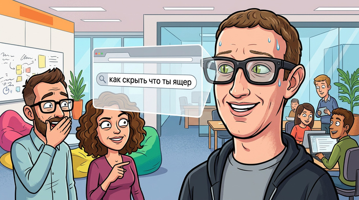 Сгенерировано ИИ (Nano Banana 2). Промпт: сатирическая карикатура — Марк Цукерберг в собственных умных очках, на прозрачном AR-дисплее виден поисковый запрос «как скрыть что ты ящер», коллеги вокруг реагируют с удивлением и смехом.