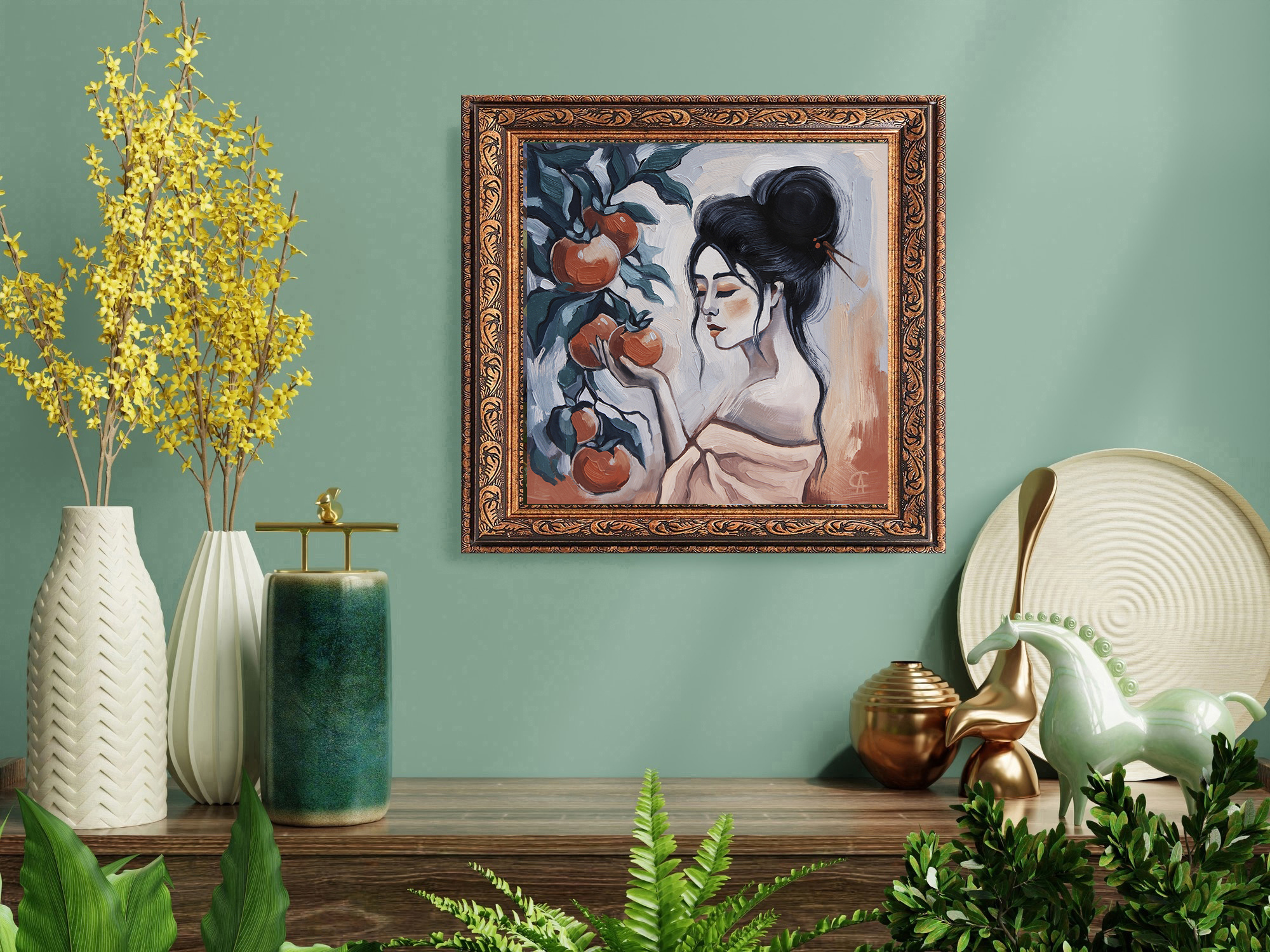 Oil painting Maturity and Silence - My, Art, Painting, Oil painting, Asian, Asians, Girls, Persimmon, Meditation, Painting, Art, Creation, With your own hands, Needlework, beauty, Calmness, Decor, Portrait, Longpost