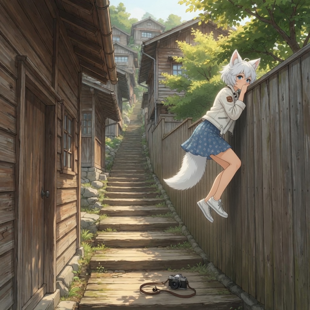 There's always something interesting behind the high fence... - Series Ginger and Winter, My, Neural Network Content, Neural network art, Anime art, Art, Anime, Original character, Girls, Kitsune, Animal ears, Tail, Fence, Curiosity, Ginger & White, Longpost