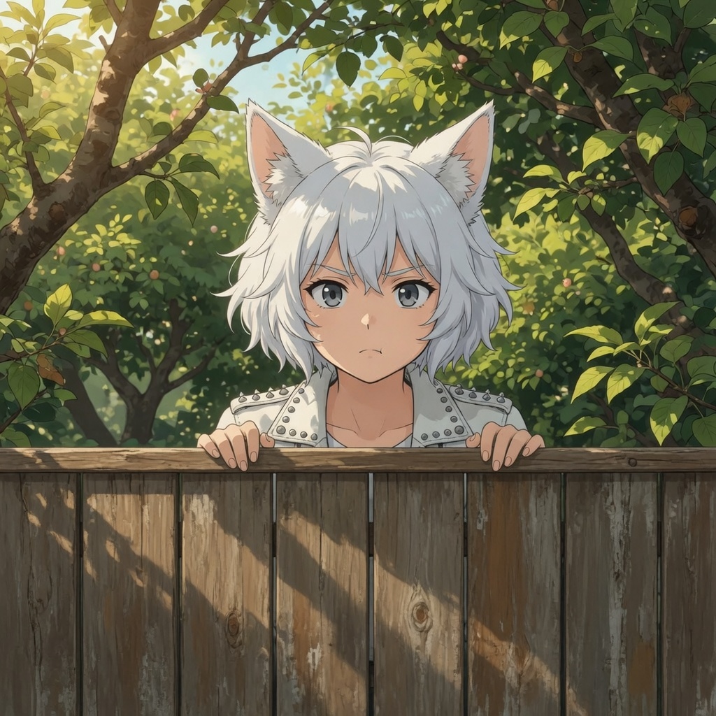 There's always something interesting behind the high fence... - Series Ginger and Winter, My, Neural Network Content, Neural network art, Anime art, Art, Anime, Original character, Girls, Kitsune, Animal ears, Tail, Fence, Curiosity, Ginger & White, Longpost