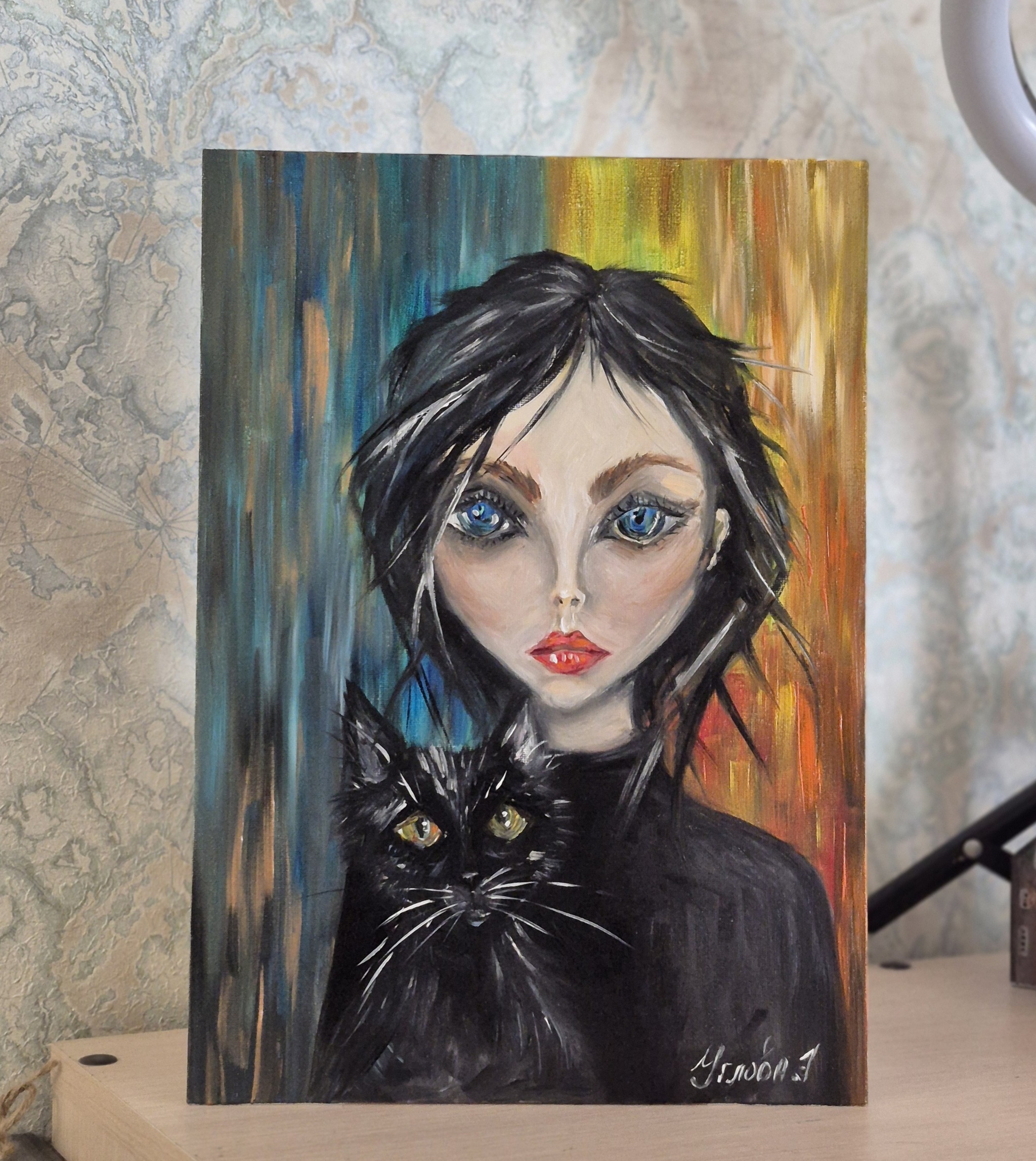 One world for two - My, Author's painting, Artist, Painting, Black cat, Oil painting, Animalistics, Modern Art, Fluffy, Painting