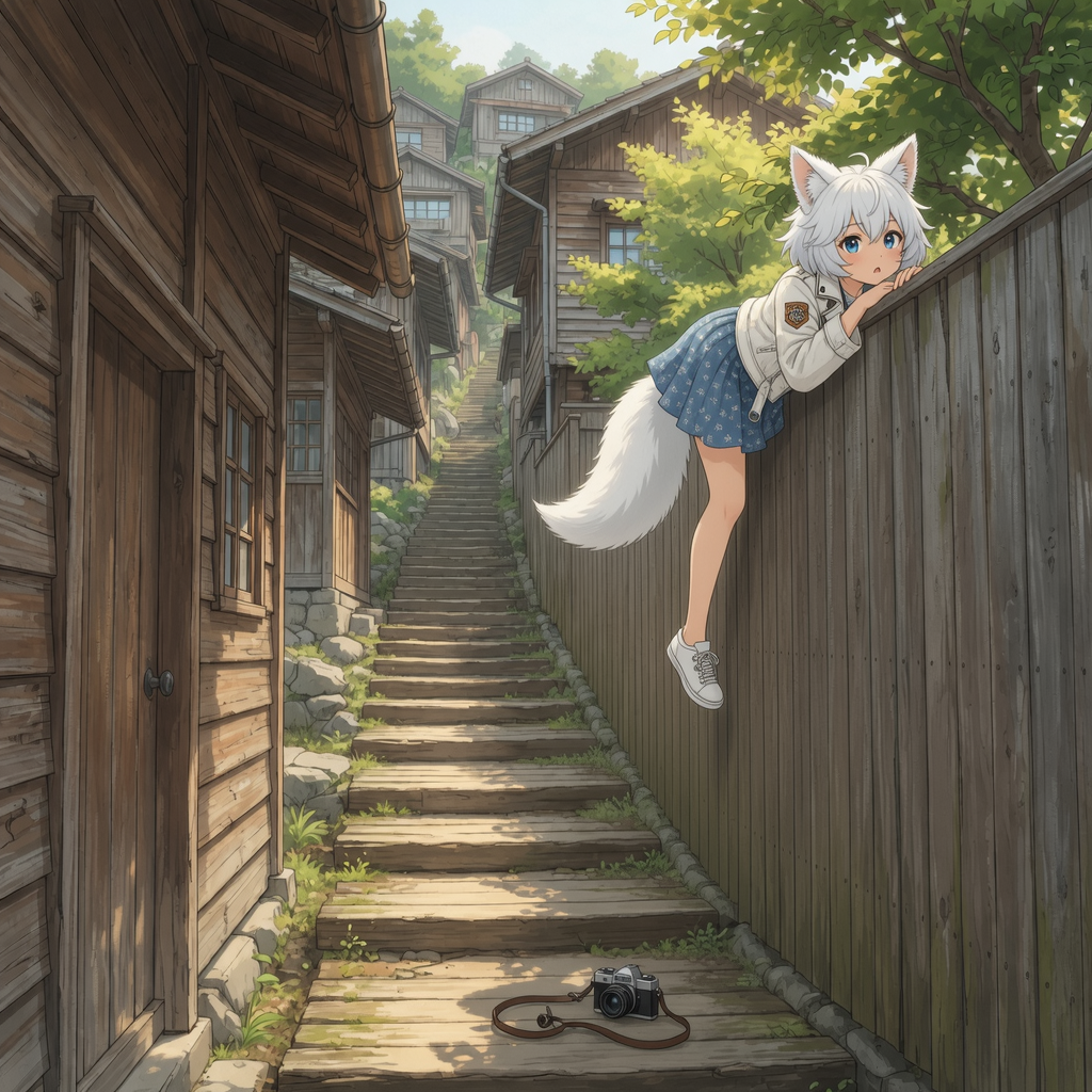 There's always something interesting behind the high fence... - Series Ginger and Winter, My, Neural Network Content, Neural network art, Anime art, Art, Anime, Original character, Girls, Kitsune, Animal ears, Tail, Fence, Curiosity, Ginger & White, Longpost