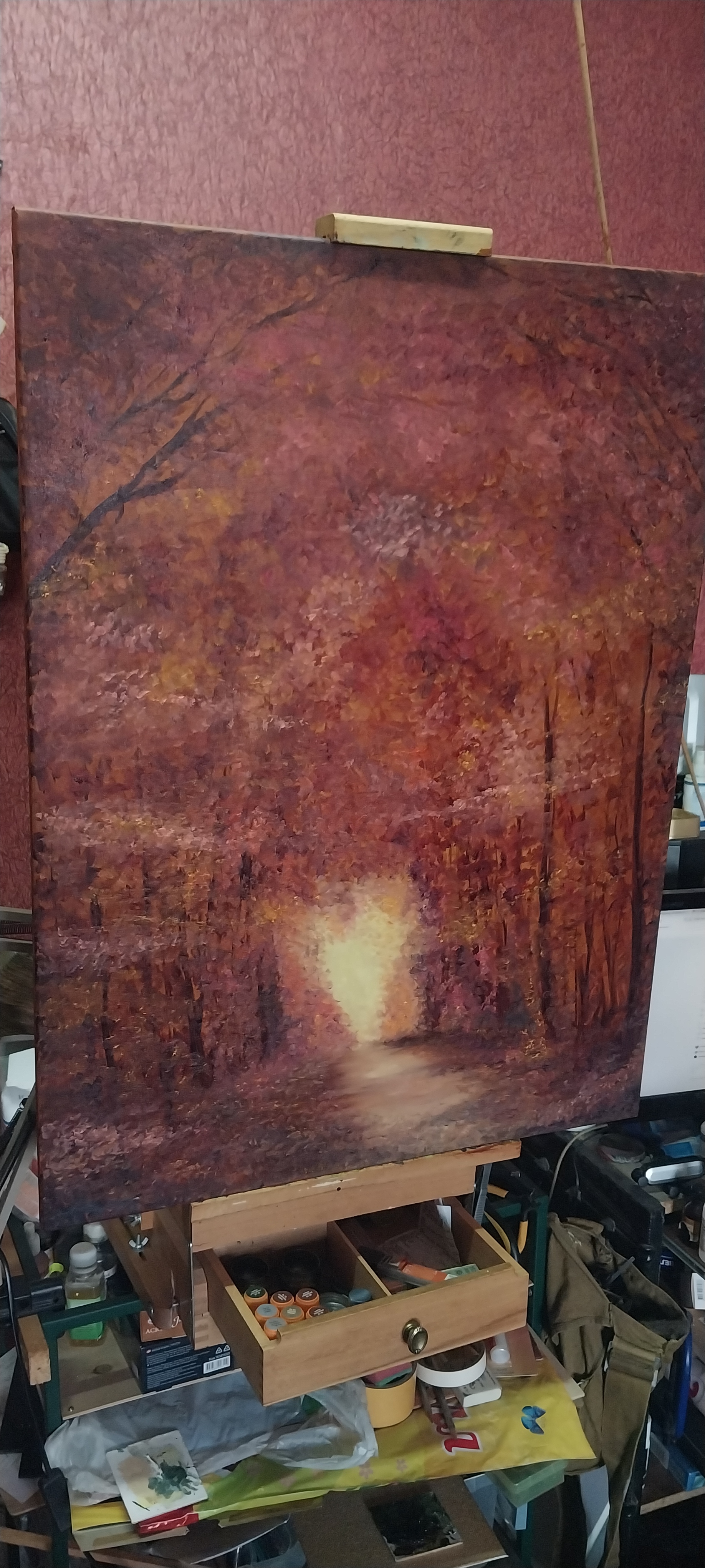 Firebloom - My, Painting, Author's painting, Oil painting, Canvas, Painting, Autumn, Forest, Landscape, Longpost