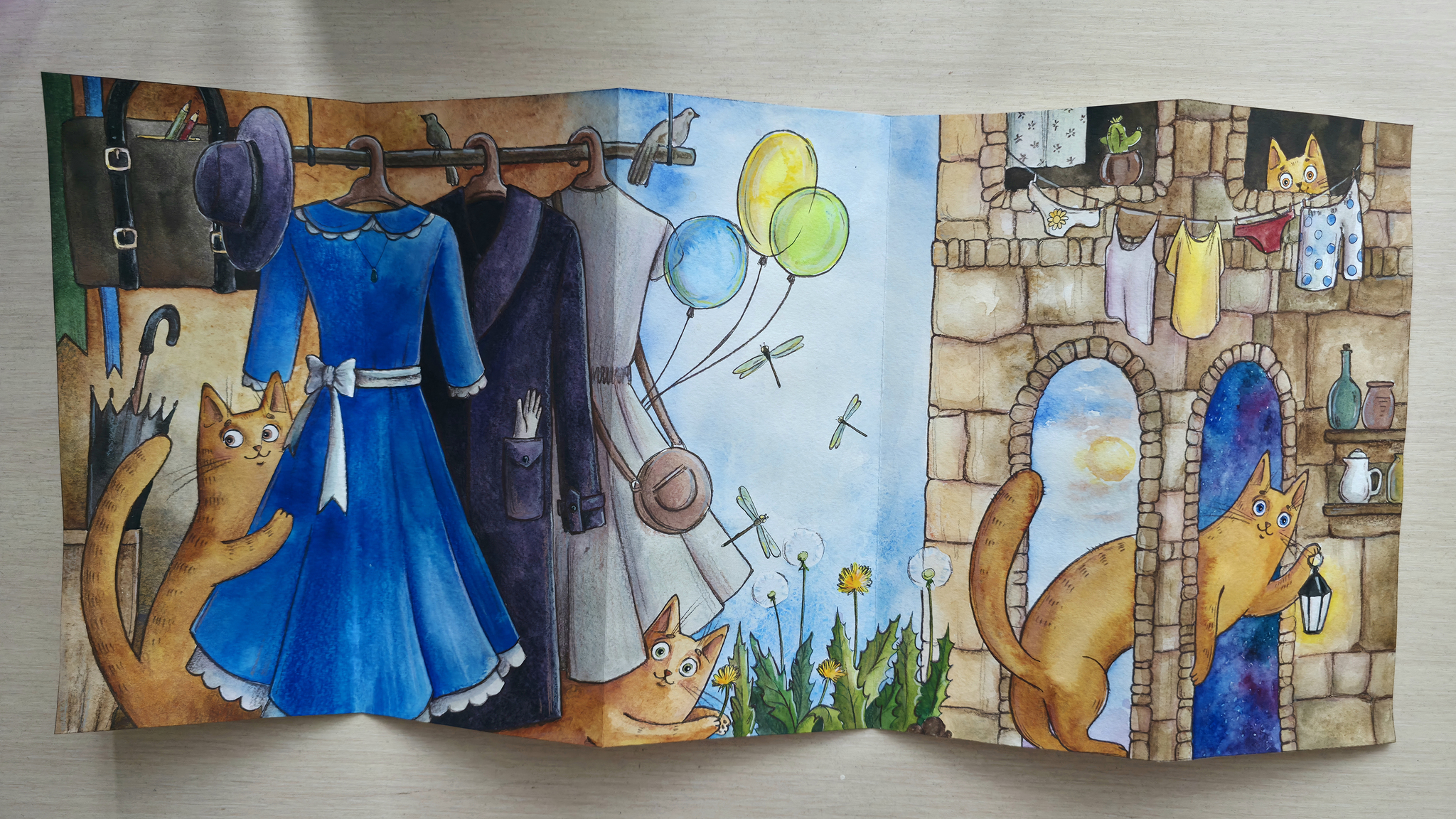 Watercolor accordion with cats - My, Traditional art, Watercolor, Colour pencils, Drawing, cat, Video, Short videos, Longpost