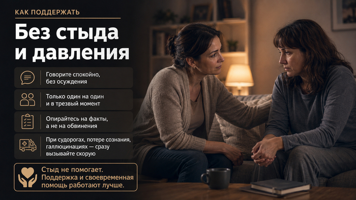 Обвинения и стыд не помогают: лучше говорить спокойно, один на один, в трезвый момент, опираясь на факты и заботу, а не на давление