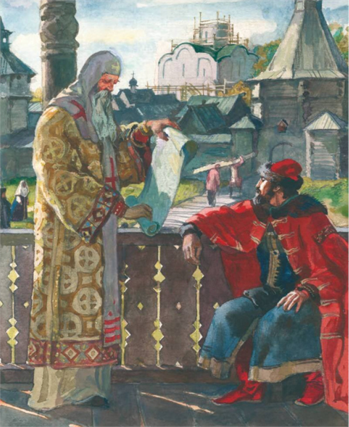 Митрополит Петр и Иван Калита на фоне строительства Успенского собора.