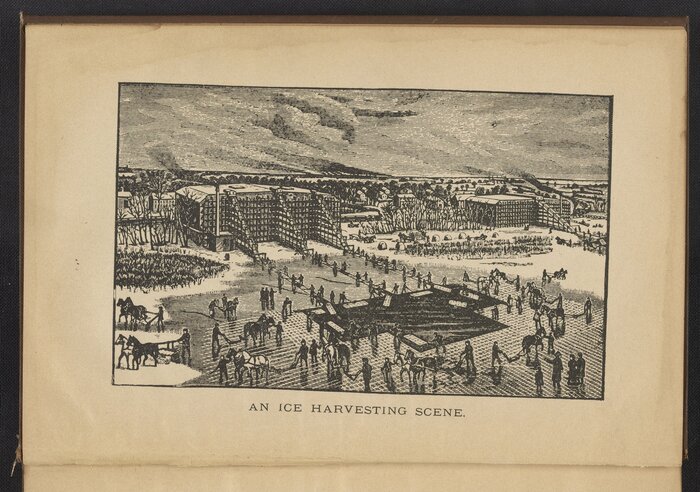 Заготовка льда на водоёме. Иллюстрация из книги Theron L. Hiles «The Ice Crop», 1893 (коммерческая ледозаготовка в США). Public domain, Science History Institute.