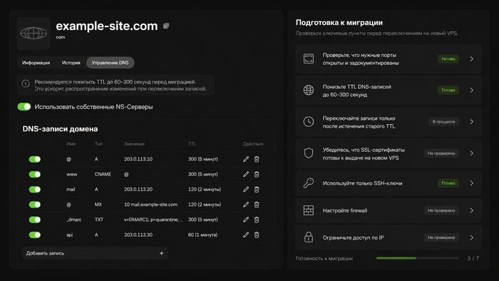Настройка DNS перед переносом сайта на VPS: снижение TTL до 60–300 секунд, проверка портов, SSL-сертификатов, SSH-ключей, firewall и ограничения доступа по IP.
