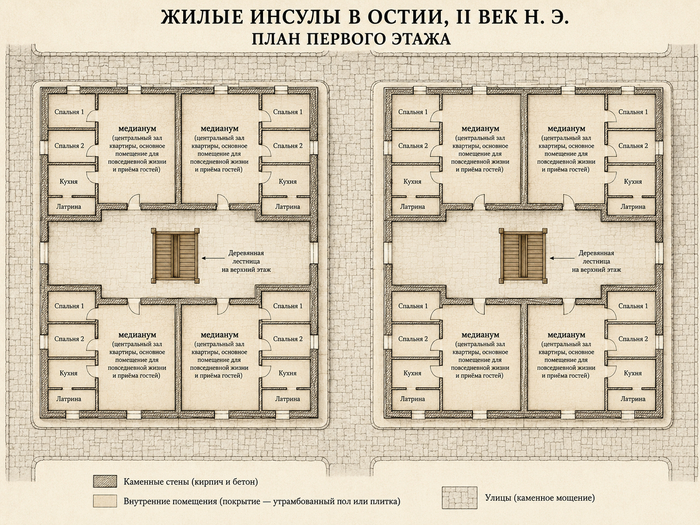 Схема планировки жилых квартир на четыре блока, характерная для остийских домов начала II века. Собственная иллюстрация по опубликованным археологическим данным, не копия оригинального плана.
