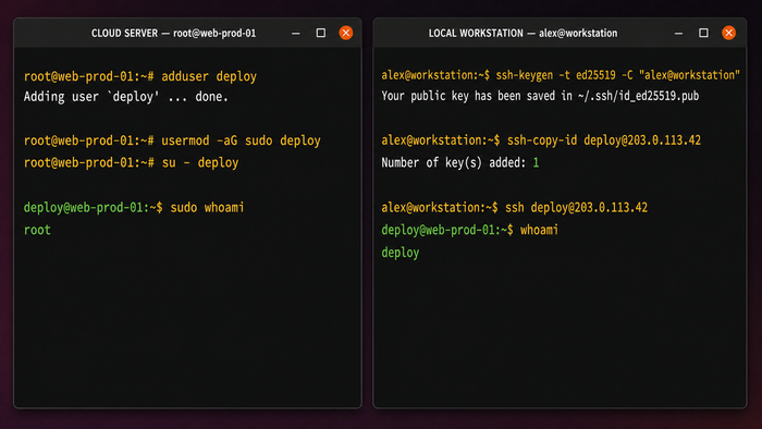 Два терминала: создание пользователя deploy и проверка sudo на Ubuntu-сервере, генерация и копирование SSH-ключа с локального компьютера.