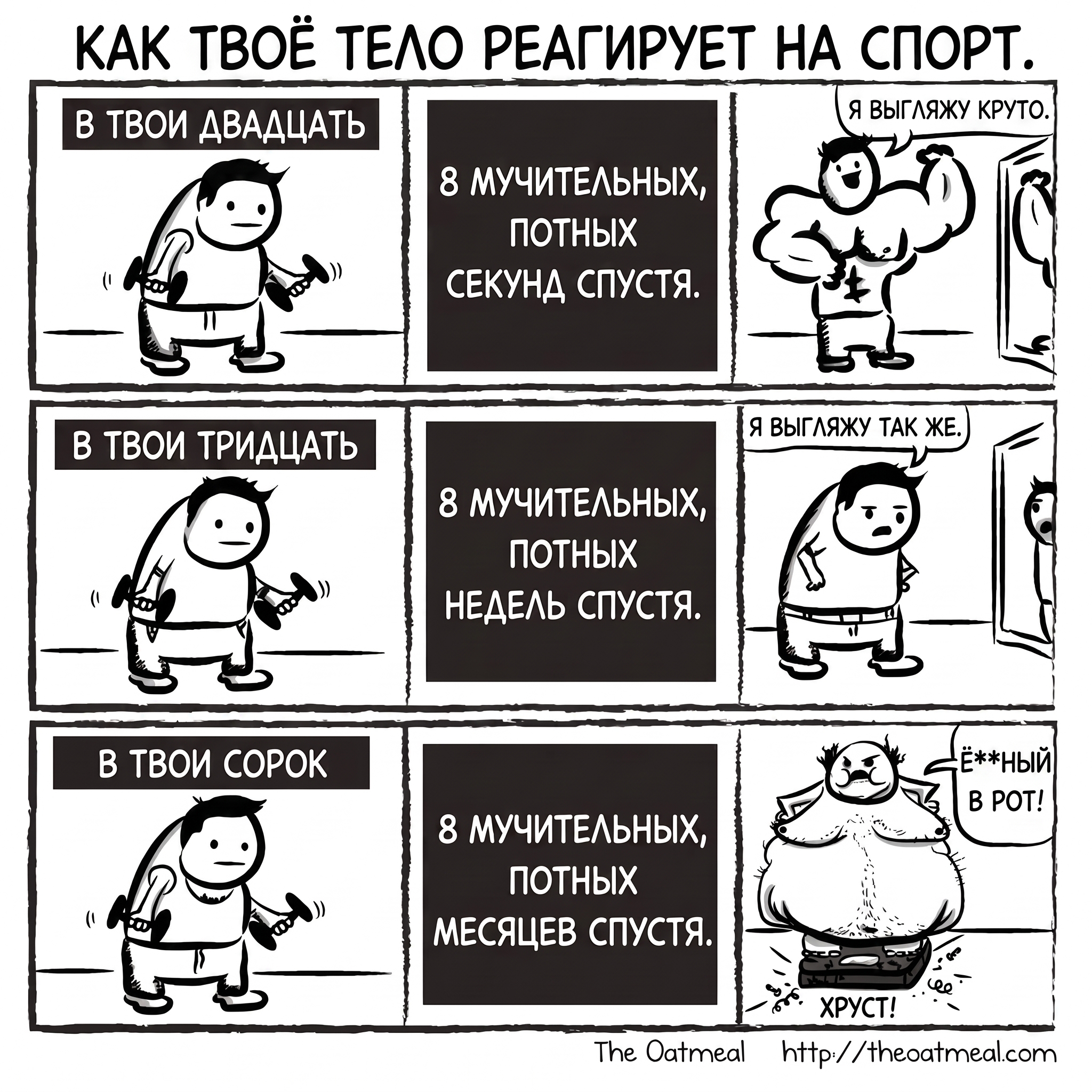 The Oatmeal - How Your Body Reacts to Exercise (translation) - Series Oatmeal translation of comics, The oatmeal, Humor, Strange humor, Sport, Workout, Fitness, Comics, Happiness