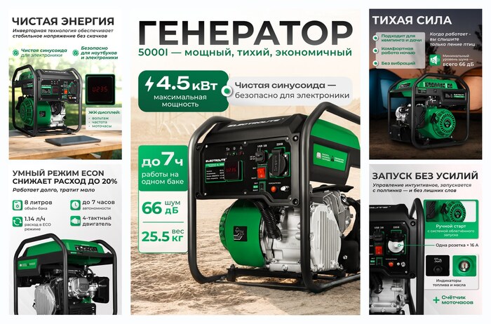 Генератор Electrolite EL 5000 i, инвертор, 4200 Вт, запуск ручной