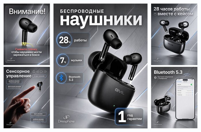 Беспроводные TWS-наушники EQ2 с микрофоном, Bluetooth 5.3, до 28 ч работы, черные