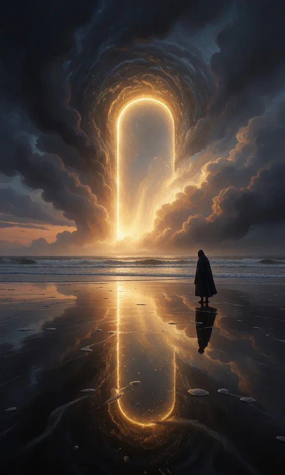 Entrance - My, Neural Network Content, Sea, Water, Landscape, Salt water, Clouds, Portal, Fantasy, Sunset, Art, Dungeons & dragons