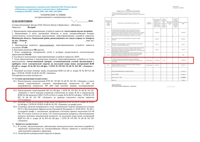 ТУ и приложение к договору. 115 метров = 147048 рублей из расчета руб/км