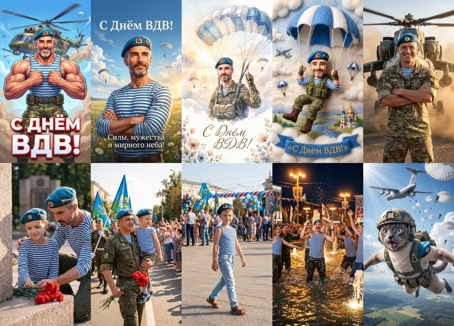 Airborne Forces Day Card from Your Photo: 10 Prompts for a Neural Network - Neural Network Content, Airborne forces, Day of the Airborne Forces, Postcard, Congratulation, Neural Networks, Prompt, Paratroopers, Blue berets, Striped vest, Holidays, Parachute, Artificial Intelligence, August 2, Images, Longpost, Telegram (link), MAX messenger (link)