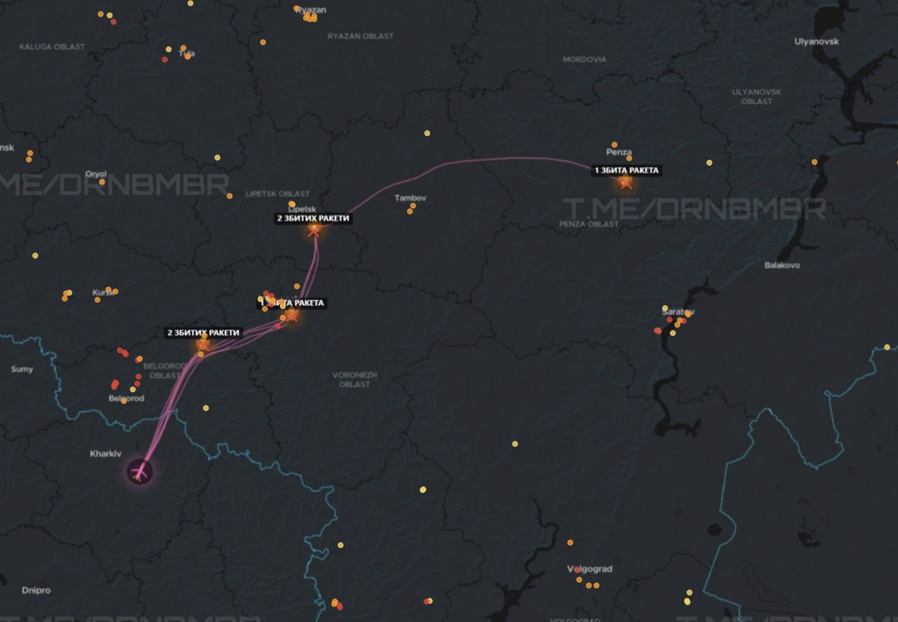 Visualization of the night flight of FP-5 Flamingo cruise missiles and their interception locations with the participation of the A-50U AWACS aircraft: - Politics, Drone, Air defense, Military aviation, Rocket, Fighter, Telegram (link)