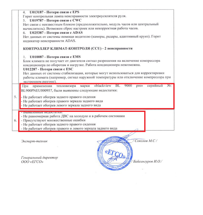 Выводы акта исследования на наличие недостатков.