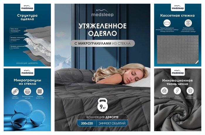 Medsleep Утяжеленное одеяло 9 кг ″Дефорте″ евро 200х220, стеклянные гранулы в чехле из микрофибры