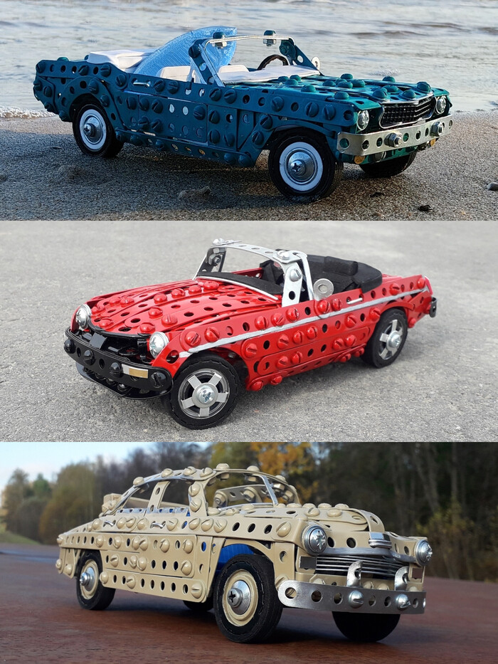 Ford Mustang, MG MGB, ГАЗ М20Б из металлического конструктора, проволоки, резины и картона