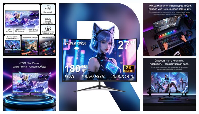 Монитор игровой Reletech, 27 ″, 2K 2560x1440, 180 Гц, изогнутый, HDMI+DP, FreeSync, VESA, для компьютера, G27X Flex Pro