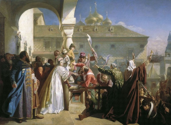 Н.Д. Дмитриев-Оренбургский "Царица Наталья Кирилловна показывает Ивана V стрельцам, чтобы доказать, что он жив-здоров".