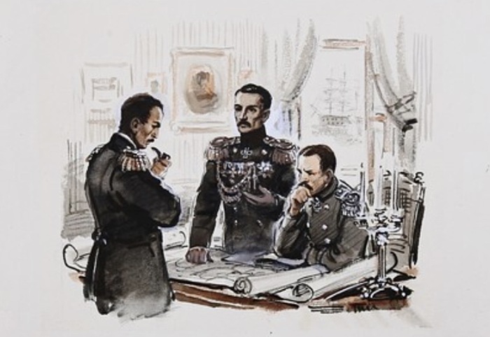 Рисунок. Адмиралы Нахимов, Корнилов, генерал Тотлебен за обсуждением плана.Иллюстрация к книге И. Миксона "Матрос Кошка" издательства "Детская литература",Москва 1984 г.